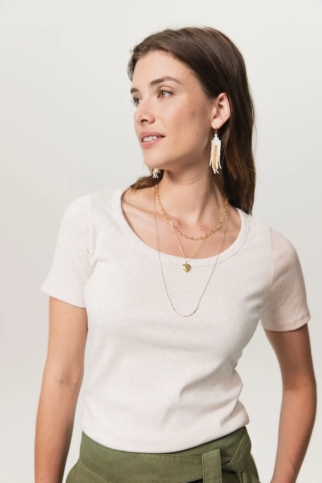 Beige basic stretch rib t-shirt