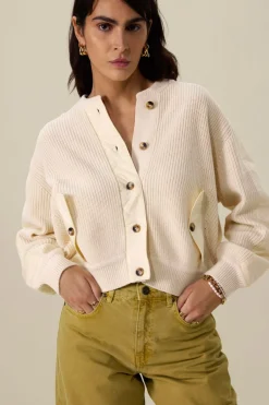 Beige gebreid bomber vest