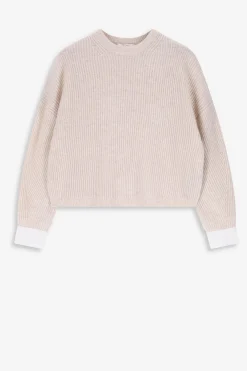 Beige gebreide trui met geweven boorden