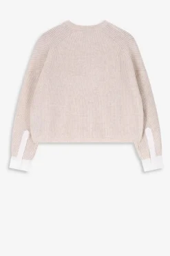 Beige gebreide trui met geweven boorden