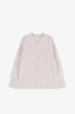 Beige gebreide trui met v-hals