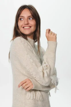 Beige gebreide tuniek met franjes