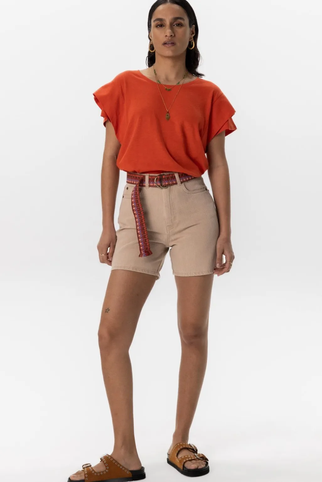 Beige high waist denim shorts
