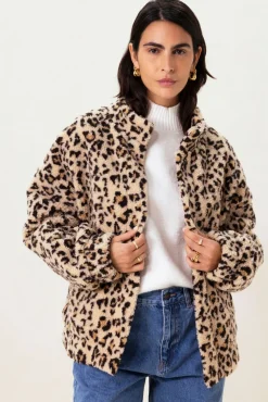 Beige korte teddy jas met leopardprint
