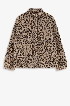 Beige korte teddy jas met leopardprint