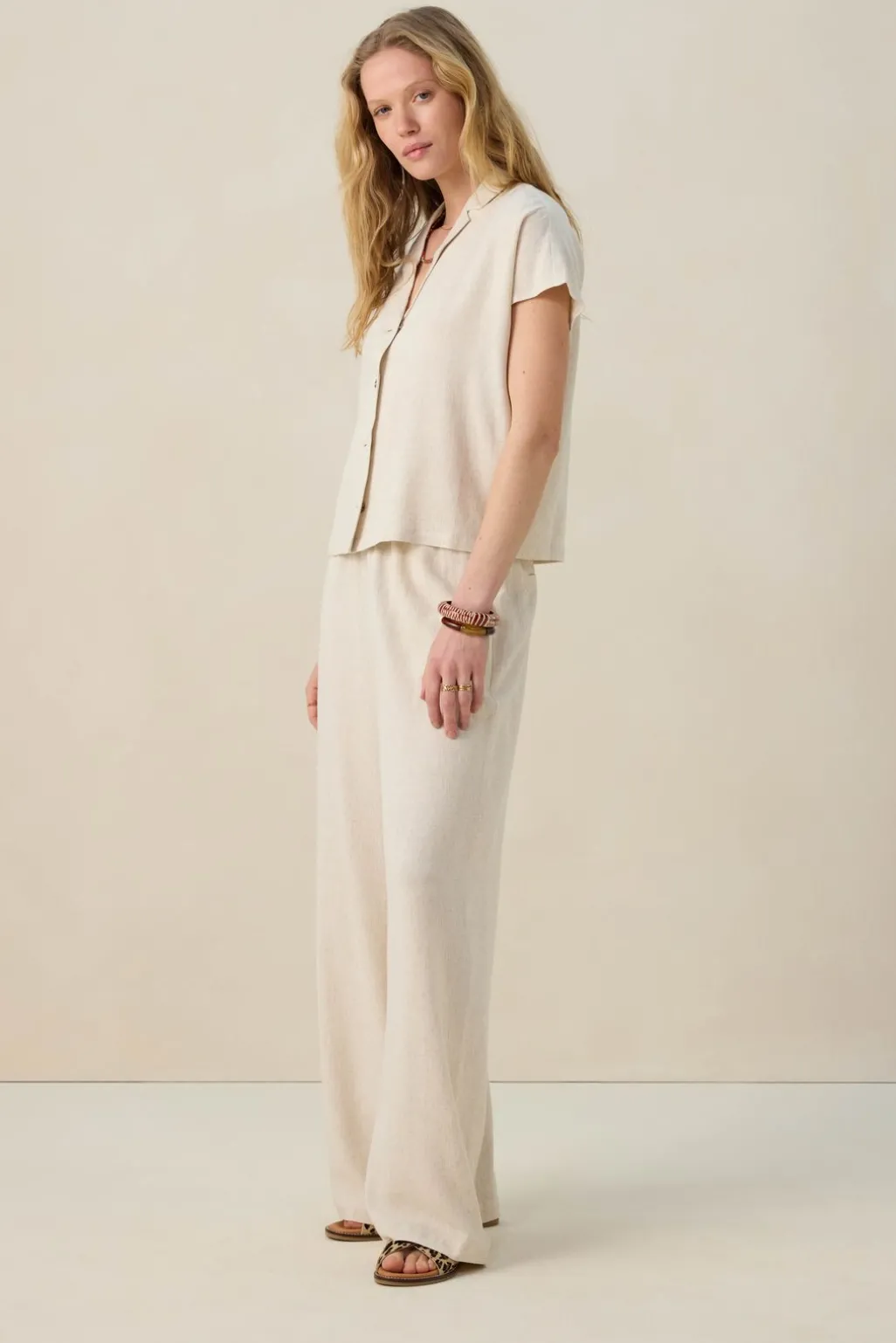 Beige linnen high waist wide leg broek