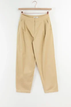 Beige mid waist katoenen bandplooibroek