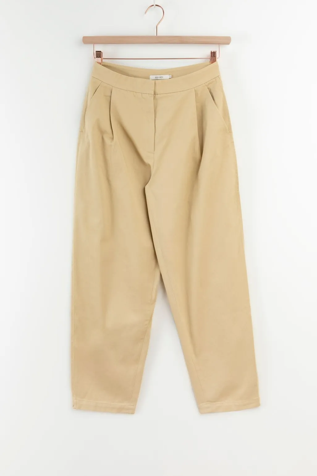 Beige mid waist katoenen bandplooibroek