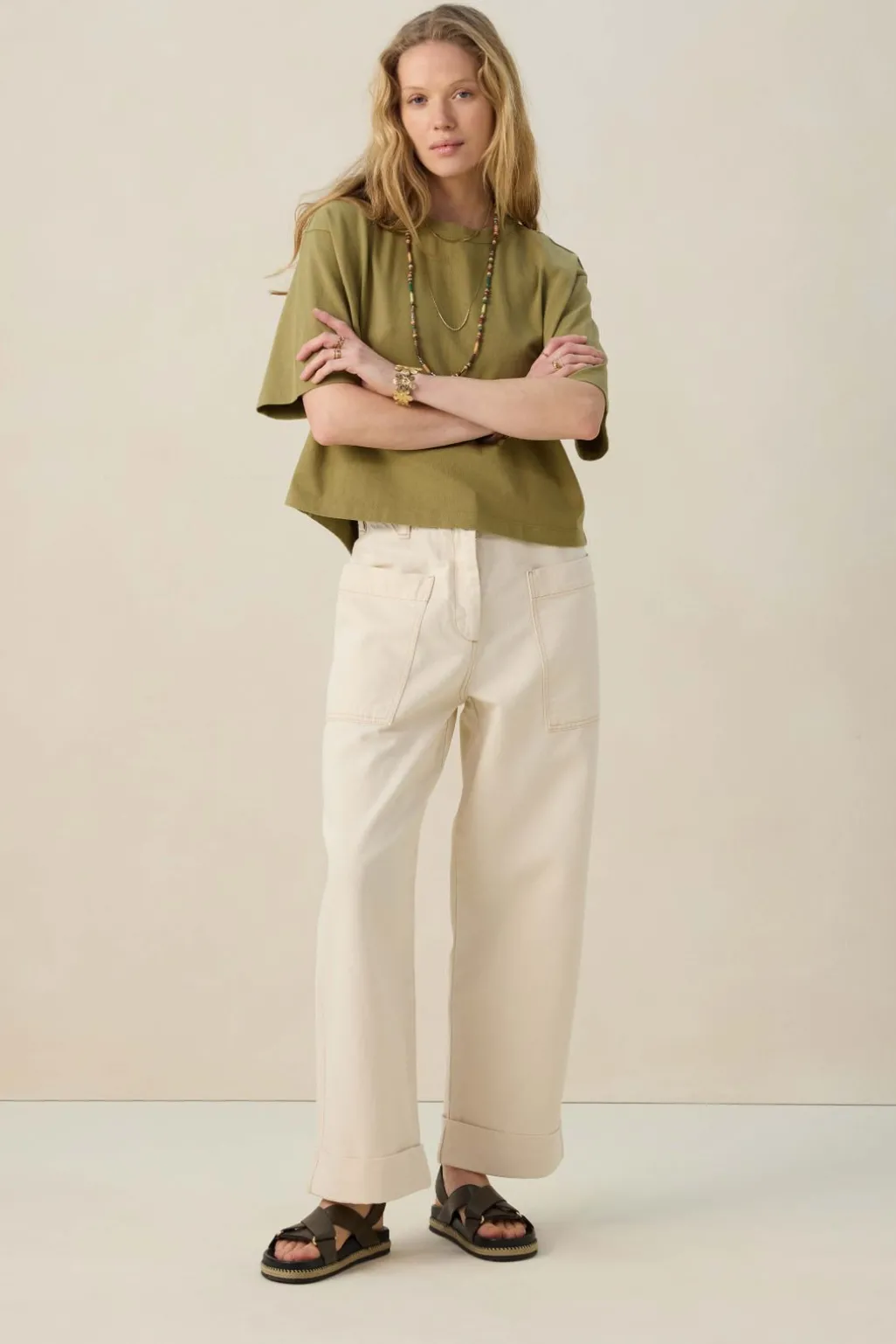 Beige mid waist workwear broek