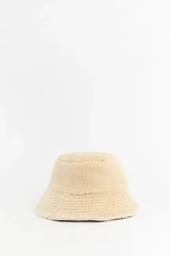 Beige reversible teddy en rib bucket hat