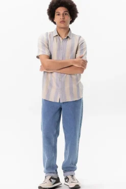 Blauw gestreept overhemd met korte mouwen