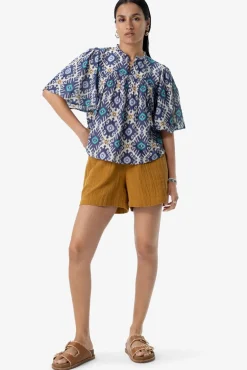 Blauwe A-lijn blouse met print