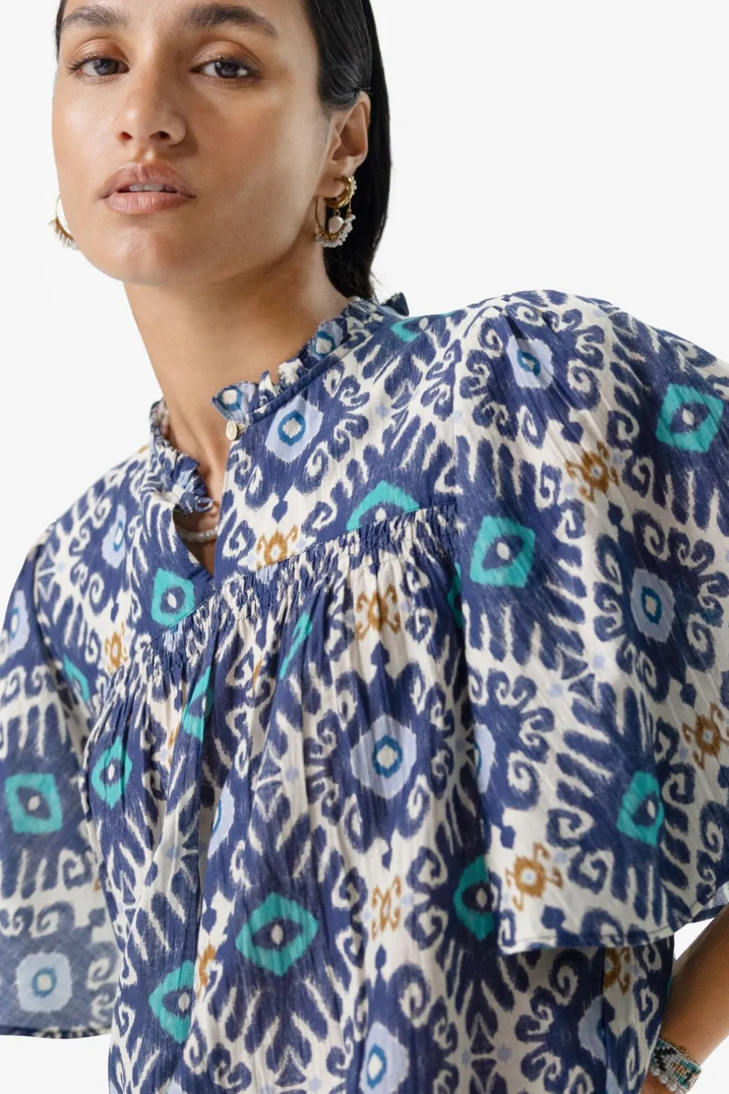 Blauwe A-lijn blouse met print