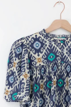 Blauwe A-lijn blouse met print
