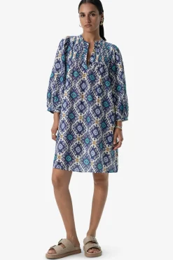 Blauwe A-lijn midi jurk met print