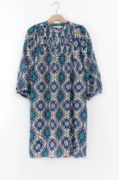 Blauwe A-lijn midi jurk met print