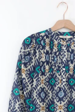 Blauwe A-lijn midi jurk met print