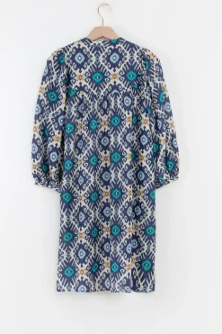 Blauwe A-lijn midi jurk met print