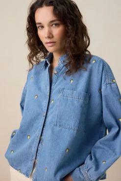 Blauwe denim blouse met embroidery