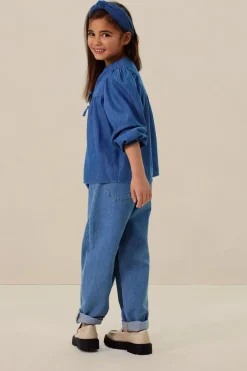 Blauwe denim blouse met strikjes