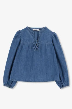 Blauwe denim blouse met strikjes