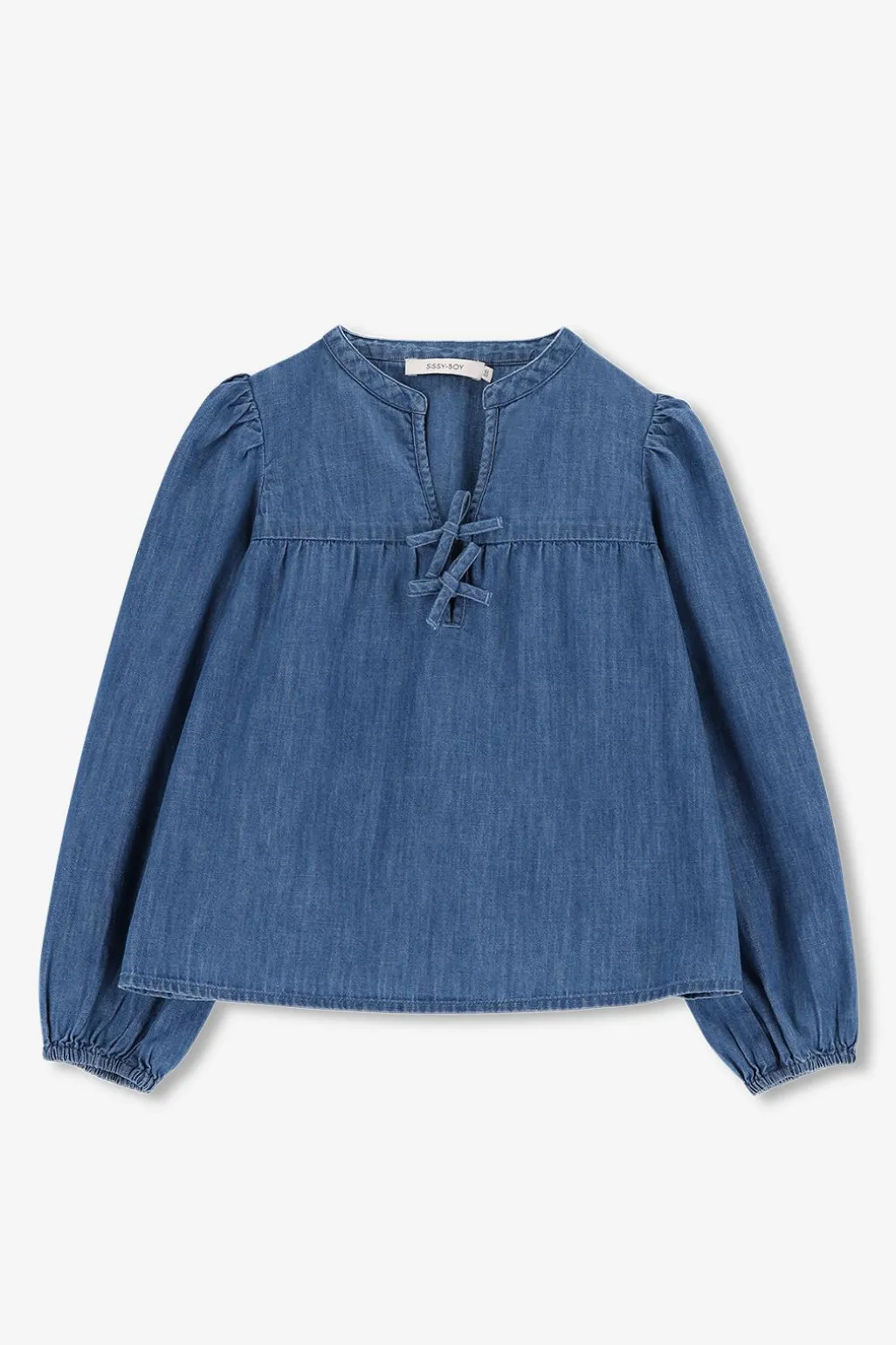 Blauwe denim blouse met strikjes