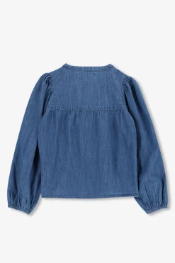 Blauwe denim blouse met strikjes