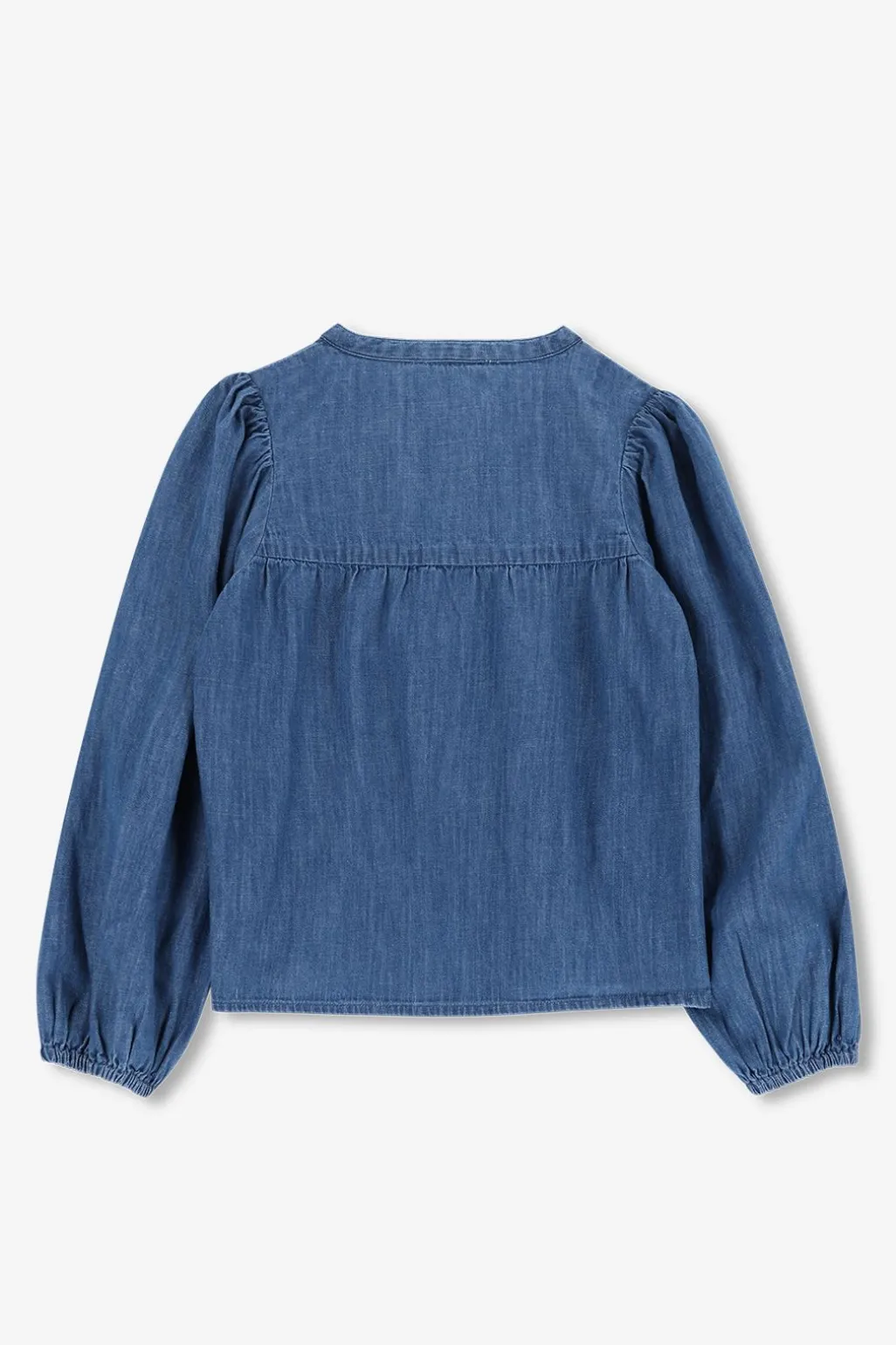 Blauwe denim blouse met strikjes