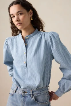 Blauwe denim blouse met strepen