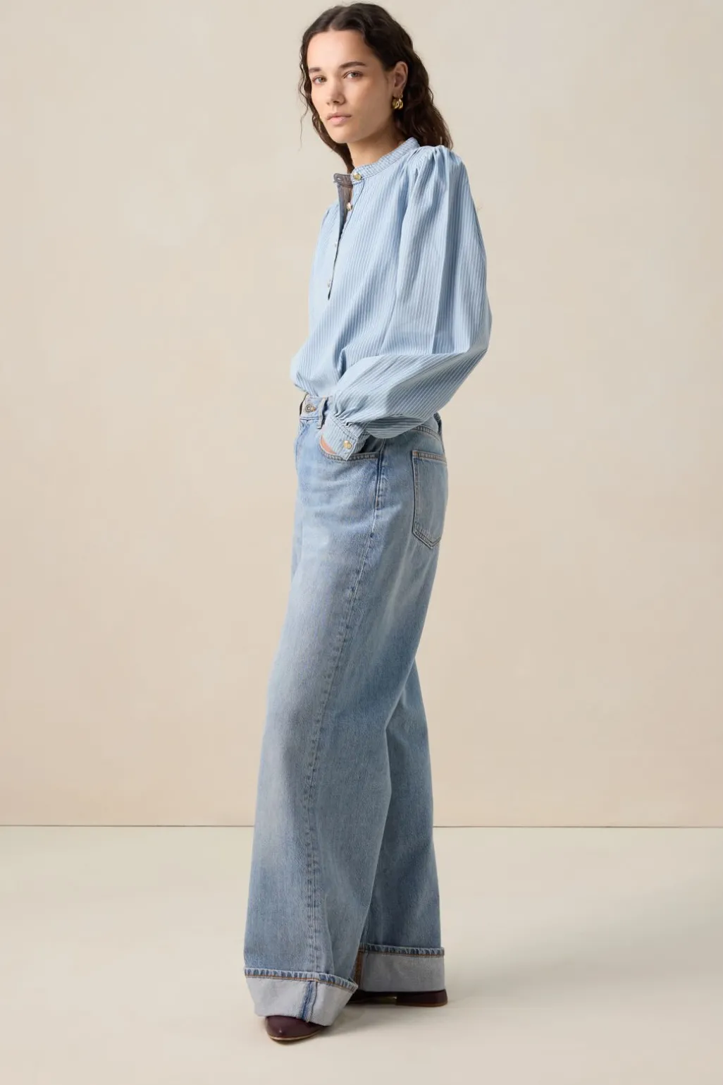 Blauwe denim blouse met strepen