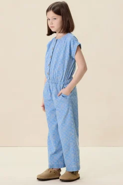 Blauwe denim jumpsuit met print
