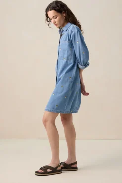 Blauwe denim jurk met embroidery