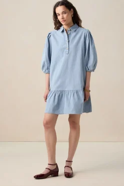 Blauwe denim jurk met pofmouwen