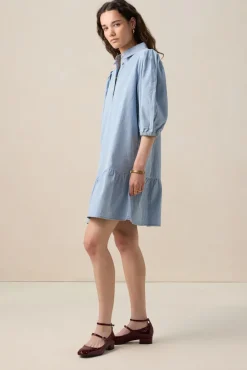 Blauwe denim jurk met pofmouwen
