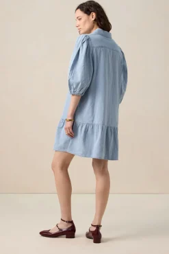 Blauwe denim jurk met pofmouwen