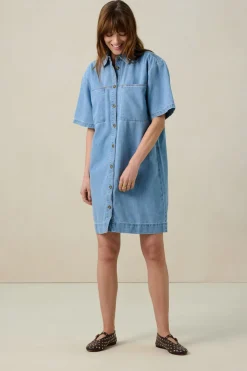 Blauwe denim midi jurk