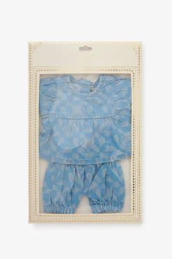 Blauwe denim poppen kleding set