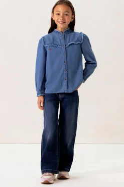 Blauwe denim ruffle blouse