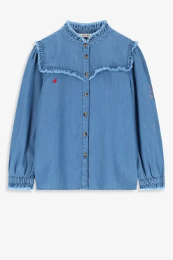 Blauwe denim ruffle blouse