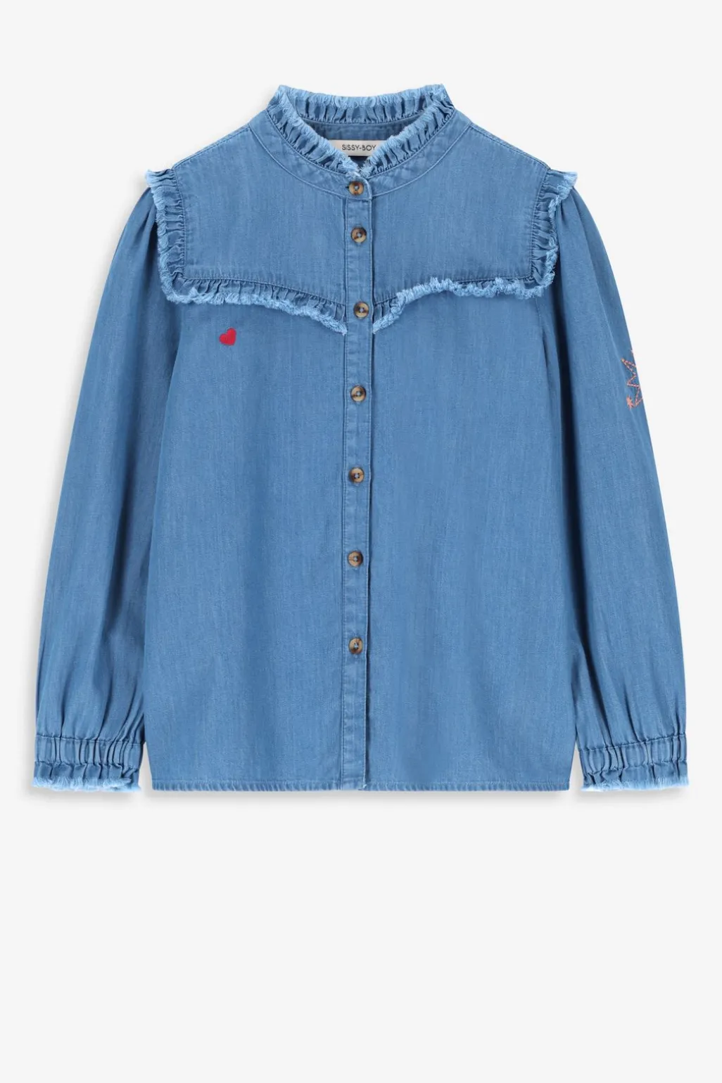 Blauwe denim ruffle blouse