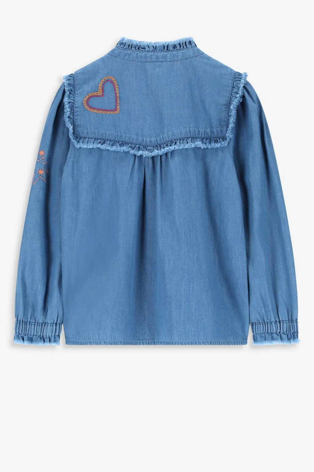 Blauwe denim ruffle blouse