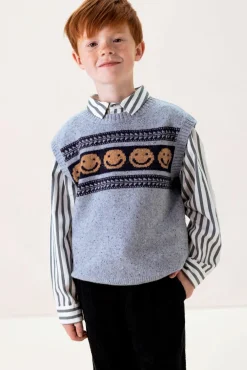 Blauwe gebreide spencer met artwork