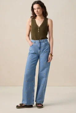 Blauwe high waist denim broek met embroidery