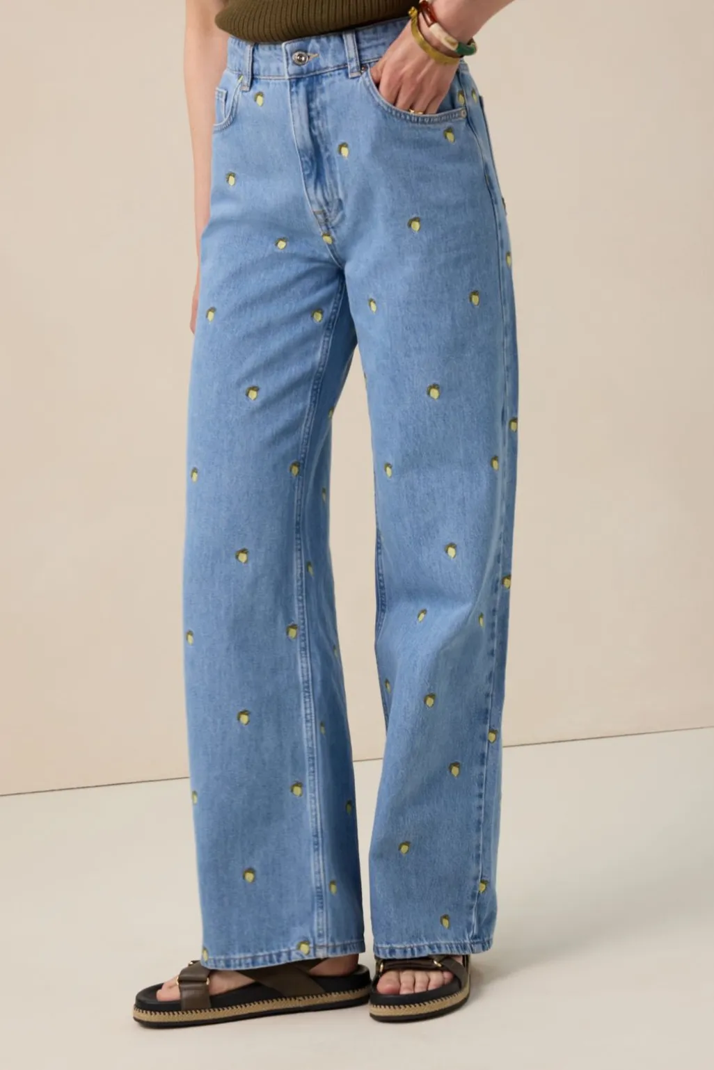 Blauwe high waist denim broek met embroidery