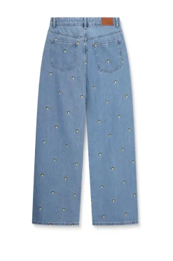 Blauwe high waist denim broek met embroidery