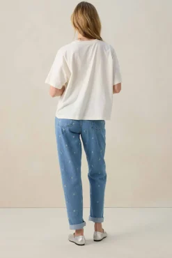 Blauwe high waist girlfriend jeans met embroidery