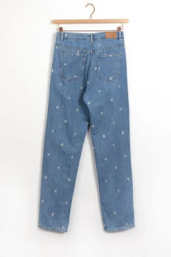 Blauwe high waist girlfriend jeans met embroidery