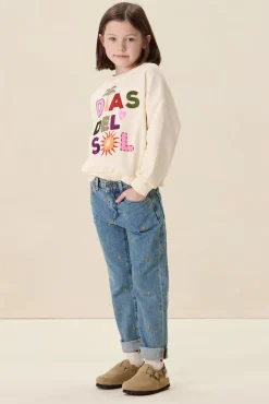 Blauwe tapered jeans met hartjes embroidery