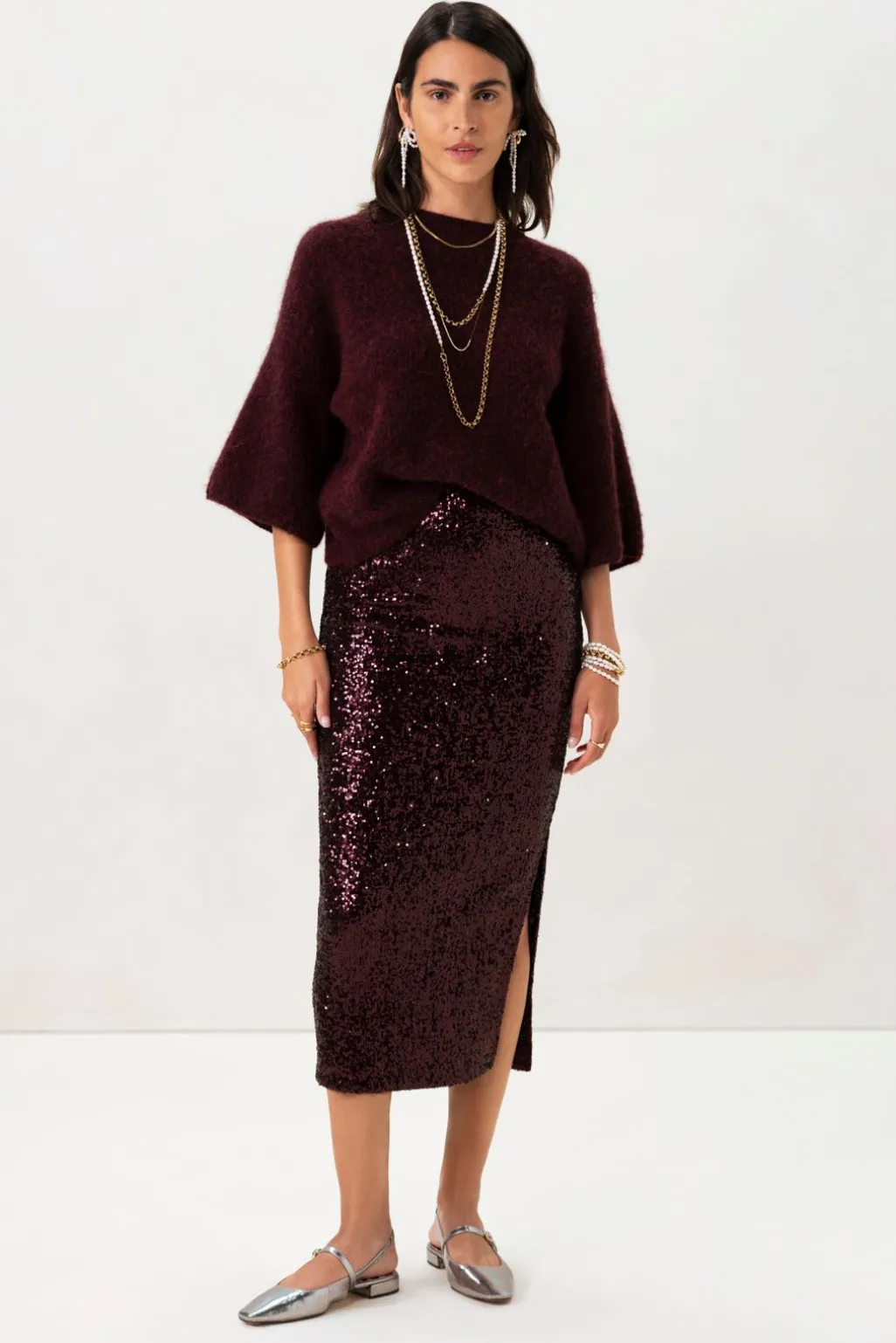 Bordeaux rode maxi rok met pailletten