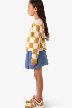 Bruin gebreide jacquard trui met geblokt patroon